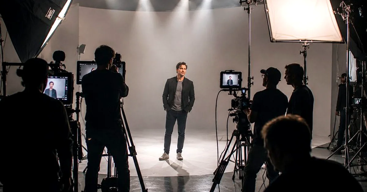 Actriz en rodaje de spot publicitario en estudio profesional espanol