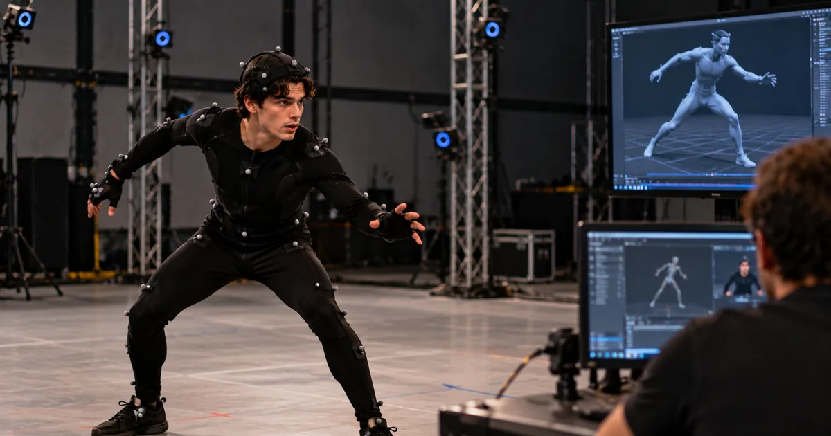 Motion capture studio with an actor wearing a reflective marker suit and infrared cameras