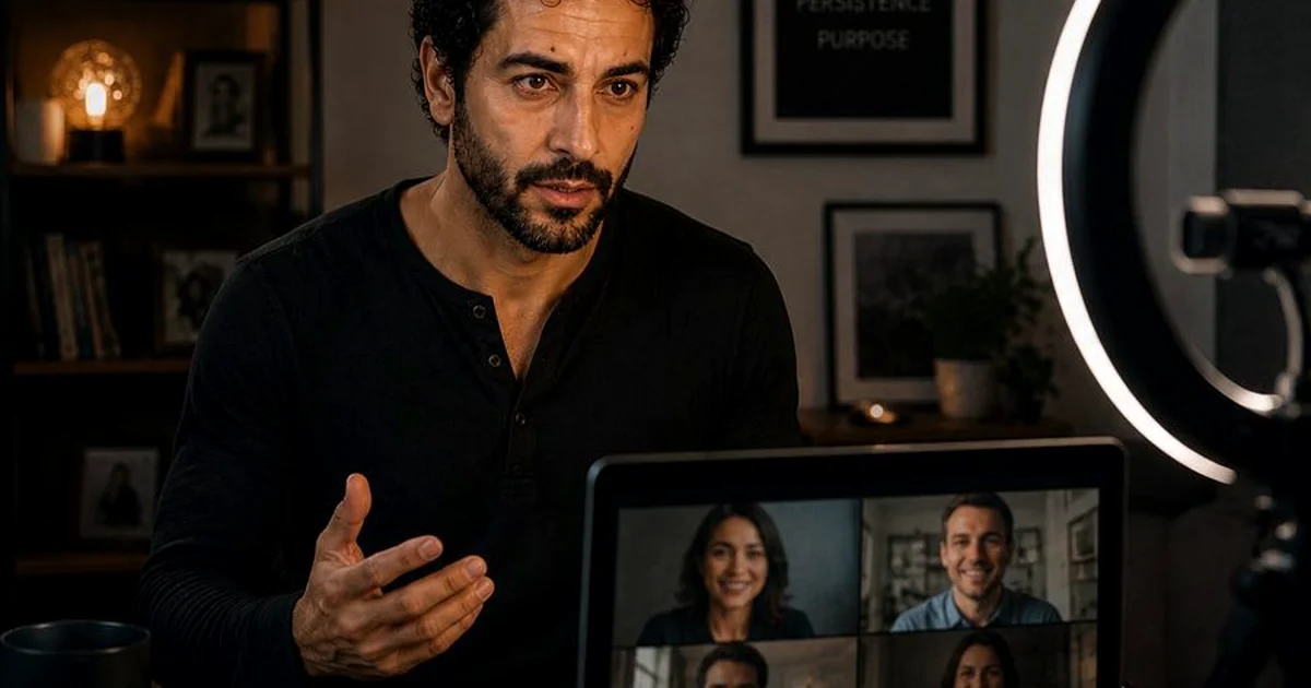 Actor en videollamada de casting online con iluminacion y fondo neutro