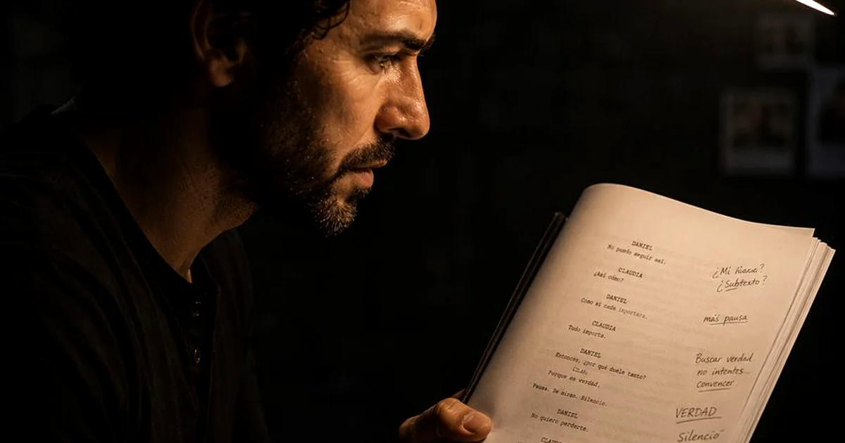Actor llegint i analitzant un guió cinematogràfic o teatral professional