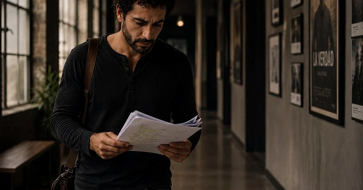 Actor lendo e memorizando páxinas de guión con notas e subliñados