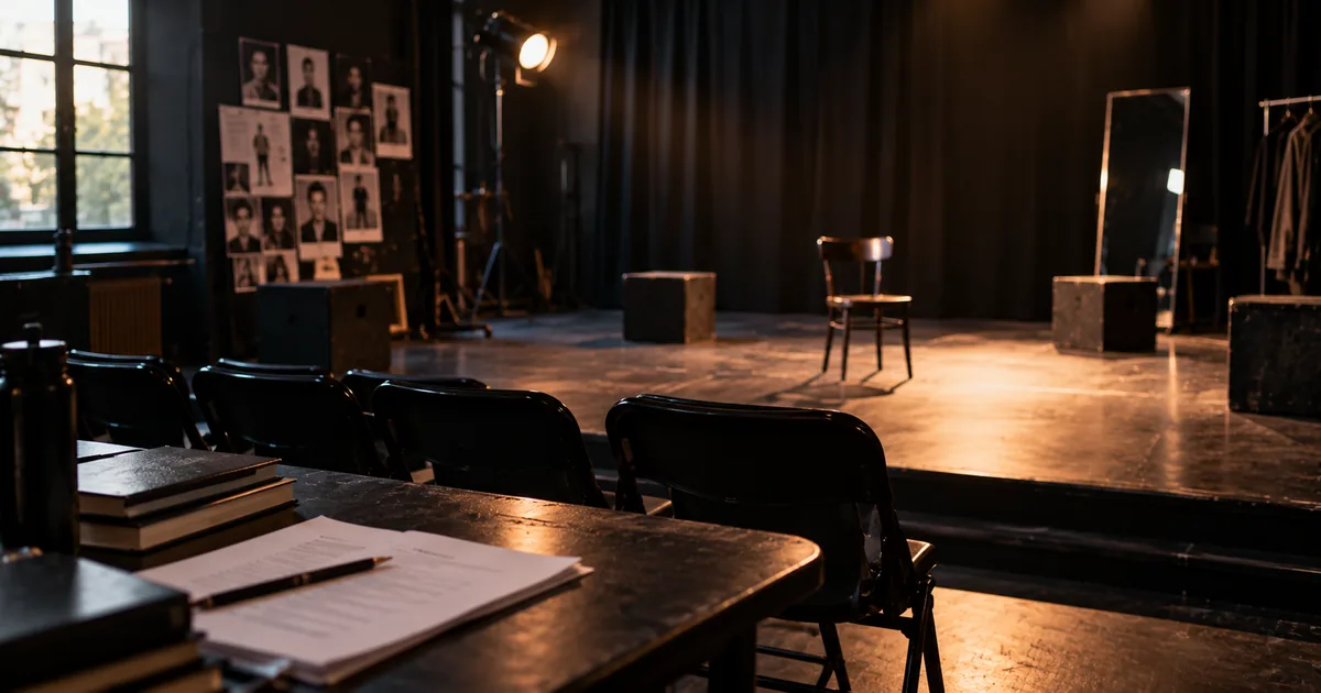 Actor leyendo un guion anotado bajo luz cenital en una sala de ensayo
