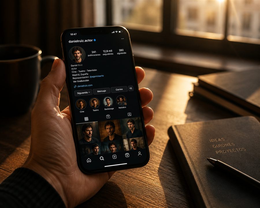 Actor professional gestionant xarxes socials per millorar la visibilitat