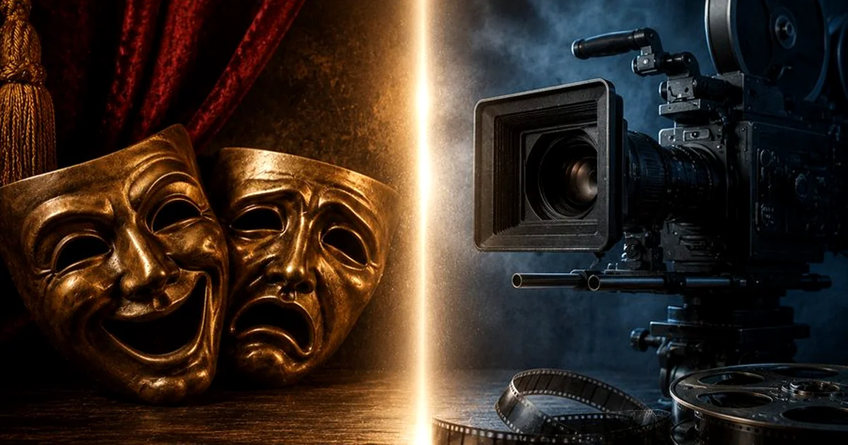 Actor en escenario de teatro en transicion hacia trabajo ante camara de cine