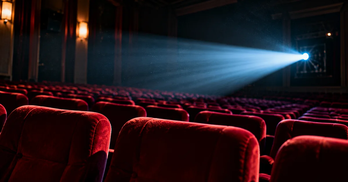 Sala de cinema buida amb butaques vermelles il·luminades pel feix del projector
